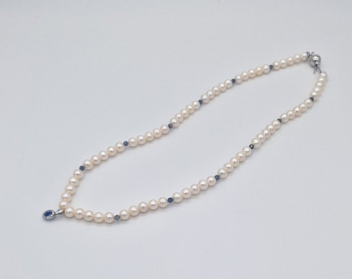 Ohne Mindestpreis - Halskette - 18 kt Weißgold Perle - Diamant 