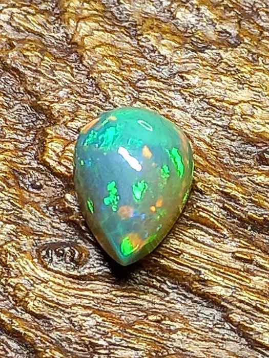 Flashy fire opal cabochon from Ethiopia. 2.75 carats. No reserve price! Pear-shaped cabochon - Height: 12 mm - Width: 8.09 mm- 0.55 g