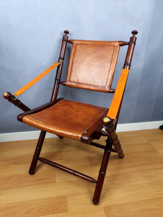Fällbar stol (1) - Kaptensstol - Läder, Trä
