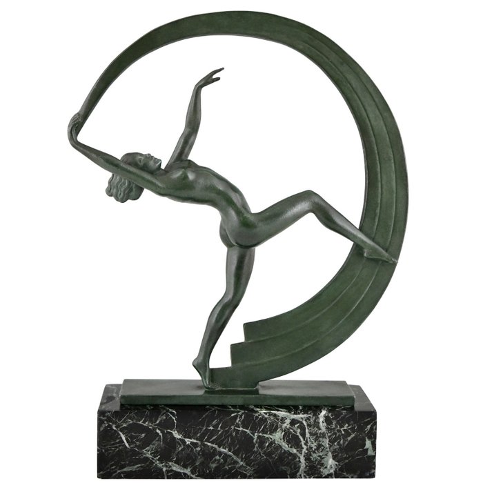 Janle & Max Le Verrier - sculptuur, Art Deco danseres Bacchanale - 34 cm - Marmer, metaal - 1930