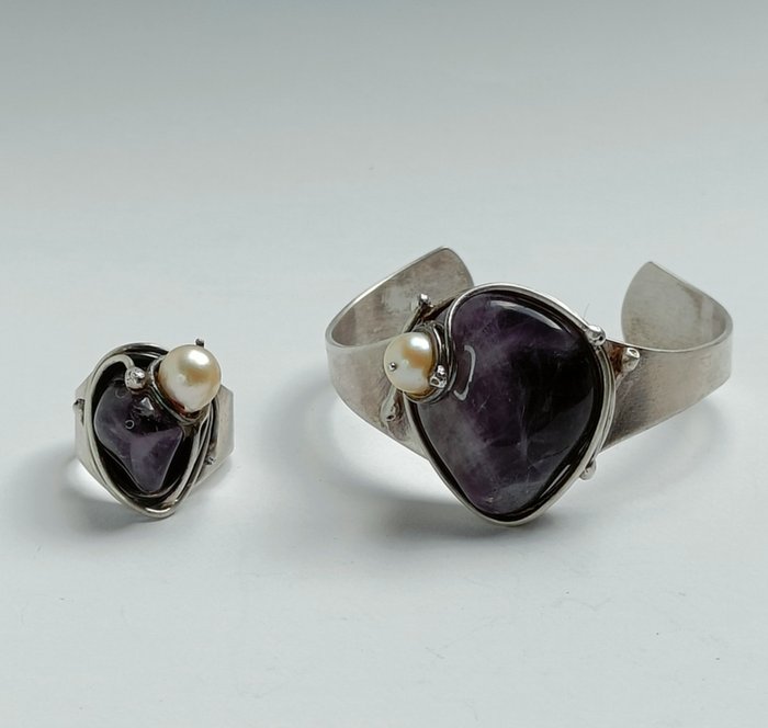 沒有保留價 - Artisan français - 首飾 銀925- 紫水晶 - 珍珠 