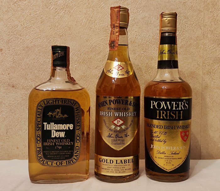 Tullamore Dew, Power's Gold Label + Power's Irish - Original bottling  - b. Années 1970, Années 1980 - 75cl - 3 bouteilles