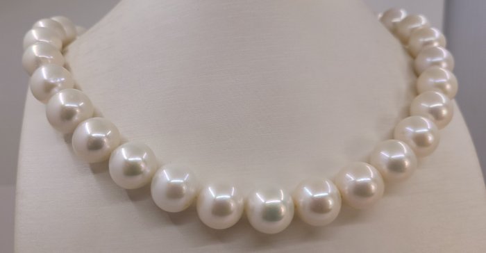 Huge Size - 13x14mm Round White Edison Pearls - Colier - 14 ct. Aur alb