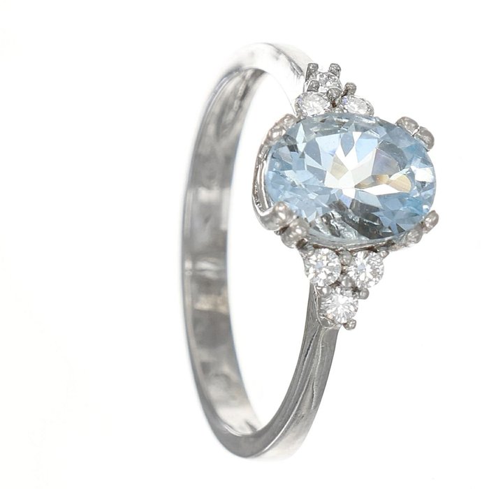 戒指 - 18K包金 白金 -  0.15 tw. 钻石  (天然) - 海蓝宝石 