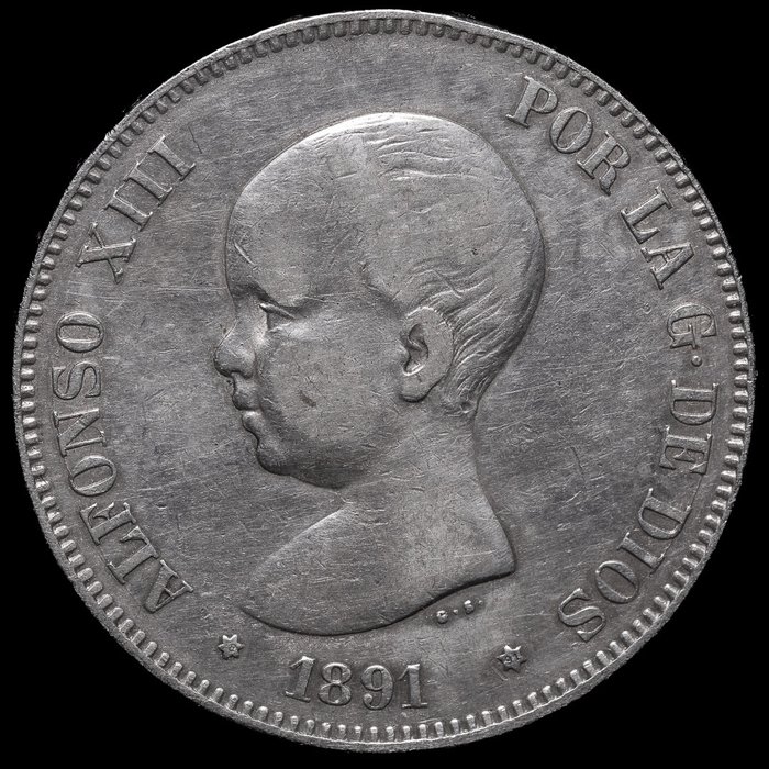 西班牙王国. Alfonso XIII (1886-1931). 5 Pesetas 1891 *18-91 PGM  (没有保留价)