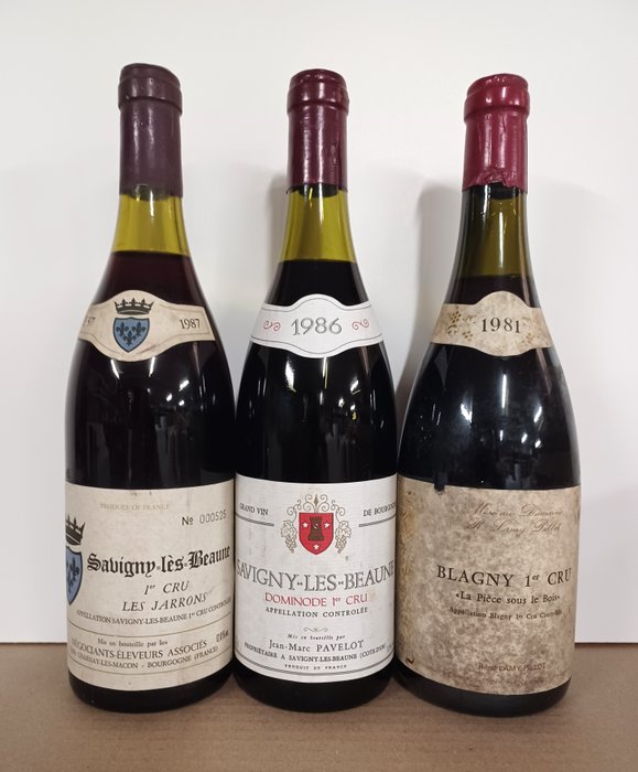 1981 Blagny "1° Cru Pièce sous le Bois" Lamy Pillot - 1986 & 1987 Savigny les Beaune 1° Cru - Bourgogne - 3 Flaskor (0,75L)