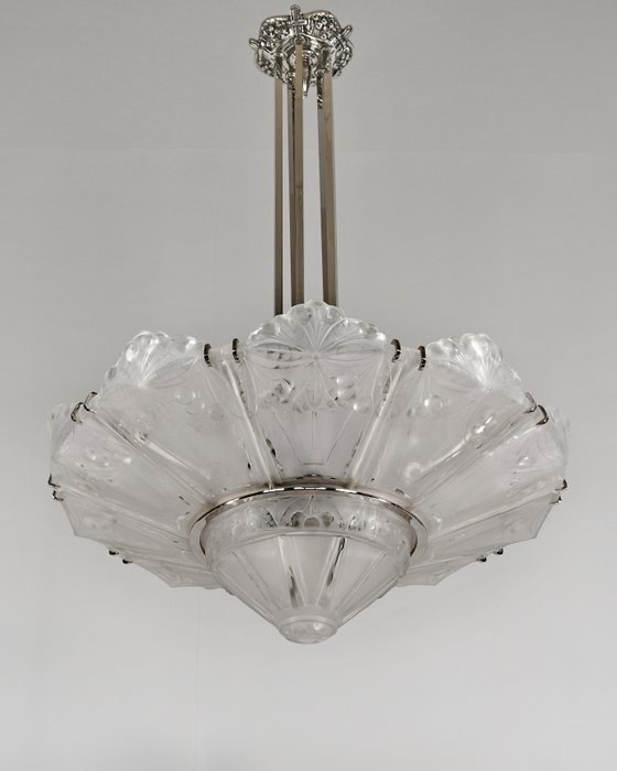 Marius Sabino French art deco chandelier - Lustre - Verre, laiton massif nickelé et bronze