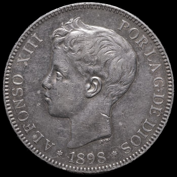 西班牙. Alfonso XIII (1886-1931). 5 Pesetas 1898 *18-98 SGV  (没有保留价)