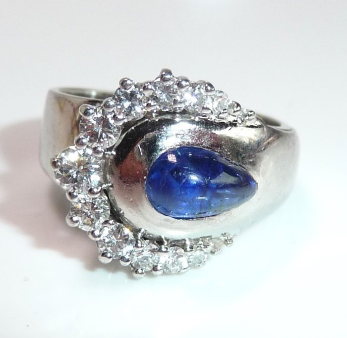 戒指 - 18K包金 白金 钻石  (天然) - 蓝宝石 