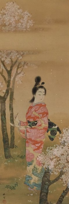 美人 Beautiful Woman / Japanese Vintage Hanging Scroll KAKEJIKU / Silk / Hand Painted - Signed - Japan  (Utan reservationspris)