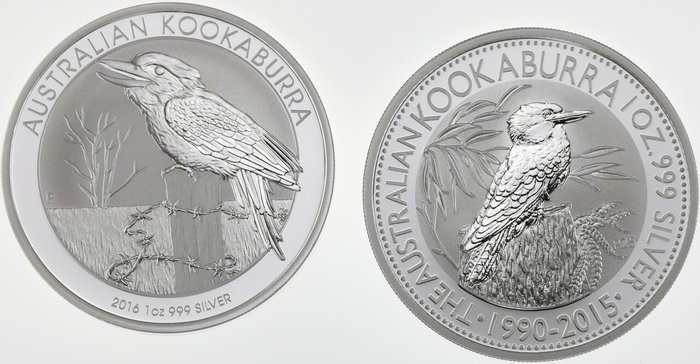 澳大利亞. 1 Dollar 2015/2016 Kookaburra, 2x1 Oz (.999)