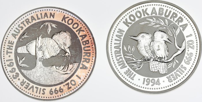 澳大利亚. 1 Dollar 1993/1994 Kookaburra, 2x1 Oz (.999)