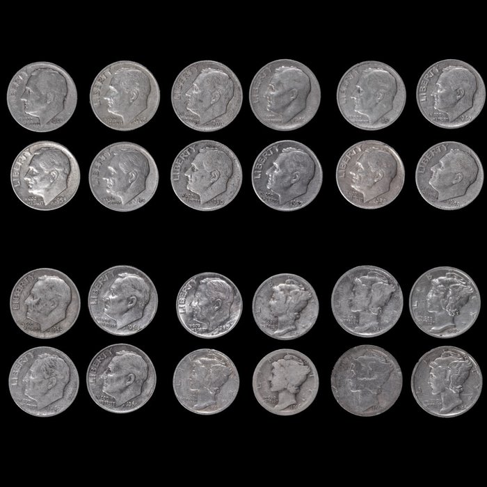 美國. A Lot of 24x Silver Roosevelt and Mercury Dimes 1916-1964  (沒有保留價)