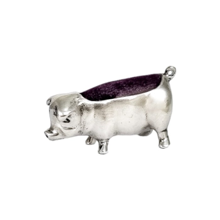 after Sampson Mordan - Sterling silver figural pin cushion in shape of pig / boar - 微型雕像 - Wild boar pin cushion -  (1) - 丝绒, 银, .925银