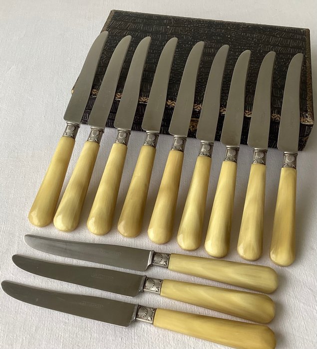 Coutellerie Apollonox Art Deco - Table knife set (12) - handles made of horn with silver-plated Art Deco decorations and shells slightly in high relief