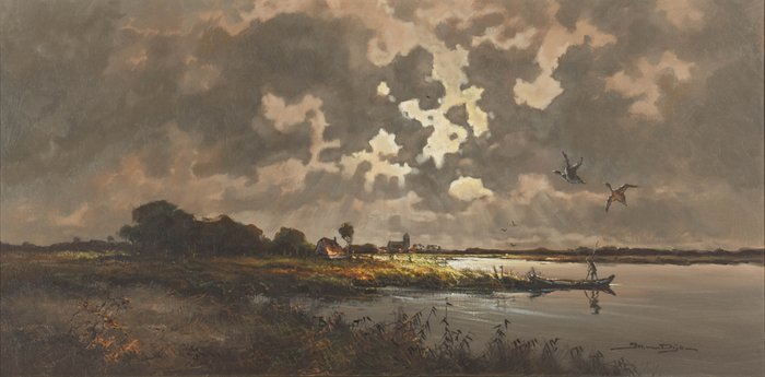 Jos van Dijk (1913-2000) - River by night (groot formaat)