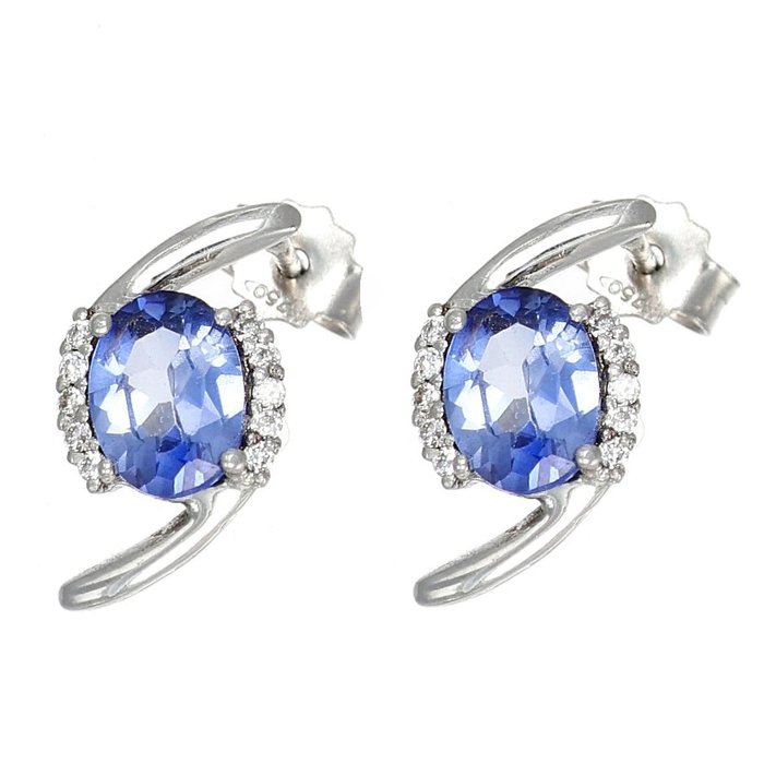 Earrings - 18 kt. White gold -  0.16 tw. Diamond - Sapphire
