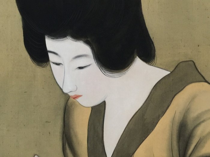 美人 Beautiful Woman / Japanese Vintage Hanging Scroll KAKEJIKU / Silk / Hand Painted - Signed - 日本  (沒有保留價)