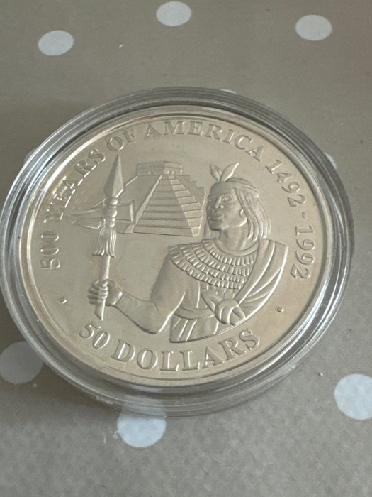 Cook Islands. 50 Dollars 1990 Series 500 Years of America 1492-1992, 1 Oz Proof  (No Reserve Price)