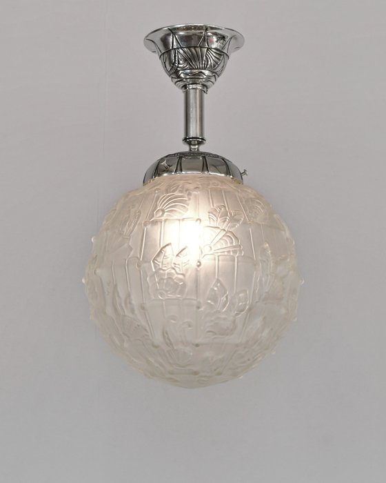French art deco ceiling light by Charles Ranc - Lampe à suspendre - Verre, laiton nickelé et bronze