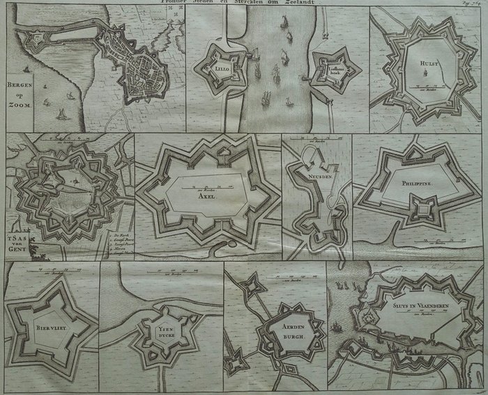 Holanda, Planta da cidade - Zeeuws-Vlaanderen, Hulst, Axel, Terneuzen e outras cidades, Bergen op Zoom; M. Smallegange - Frontier Steden en Sterckten om Zeelandt - 1696