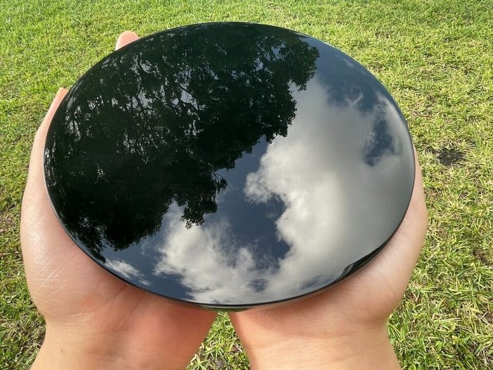 Oglindă naturală cu obsidian negru Lustruit - Înălțime: 150 mm - Lățime: 150 mm- 150 g - (1)