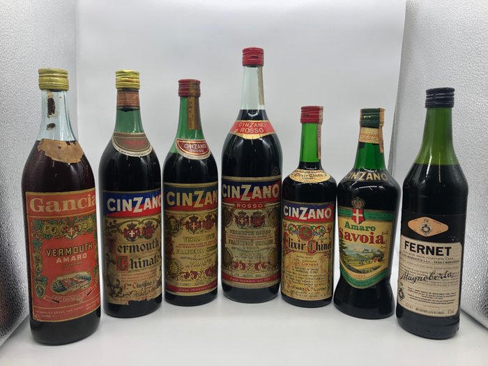 Vermouth, China & Bitters - Gancia, Cinzano, MAgnoberta  - b. Lata 60., Lata 70. - 1 litr, 1,5 litra, 70cl, 75cl - 7 buteleki