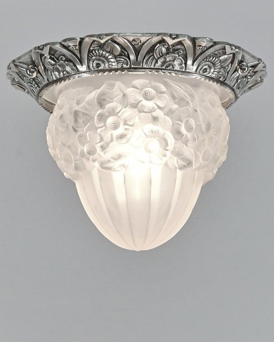 French art deco ceiling light by Degué - Hængende lampe - Glas, forniklet bronze
