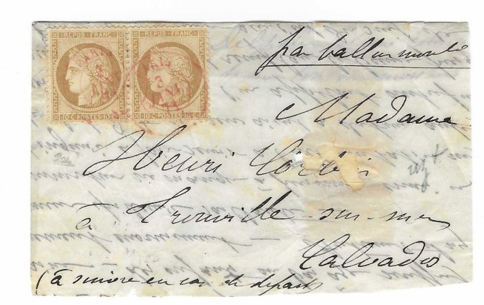 Frankrike 1871 - framsidan av ballongen monterad med Paris SC röda avbokningar - signerade kalvar - betyg = 3 000 - Yvert n°36 x 2 exemplaires