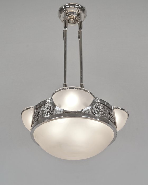 rare French art deco chandelier - Kroonluchter - Glas, vernikkeld messing en brons