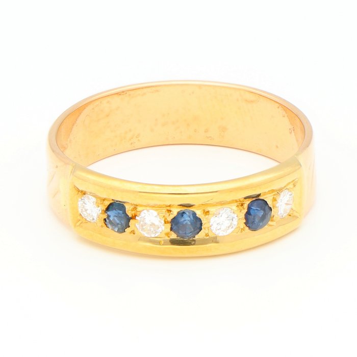 Ring - 18 kt Gelbgold Diamant  (Natürlich) - Saphir 