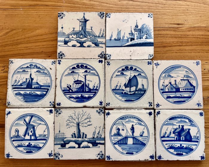 Carreau (10) - Lot de 10 carreaux de Delft anciens - Delfter - Delfter - 1750-1800 