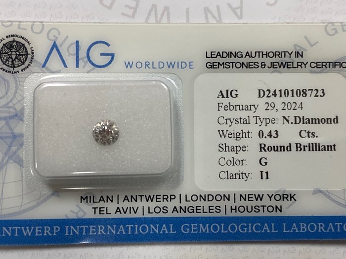 1 pcs 钻石 - 0.43 ct - 圆形 - G - I1 内含一级, No reserve price