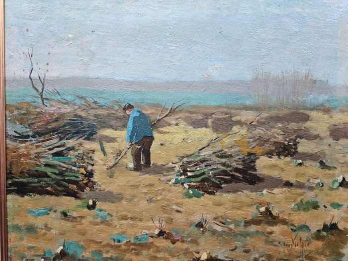 Andries Verleur (1876-1953) - Zomers landschap op de Veluwe met boer die hout verzameld