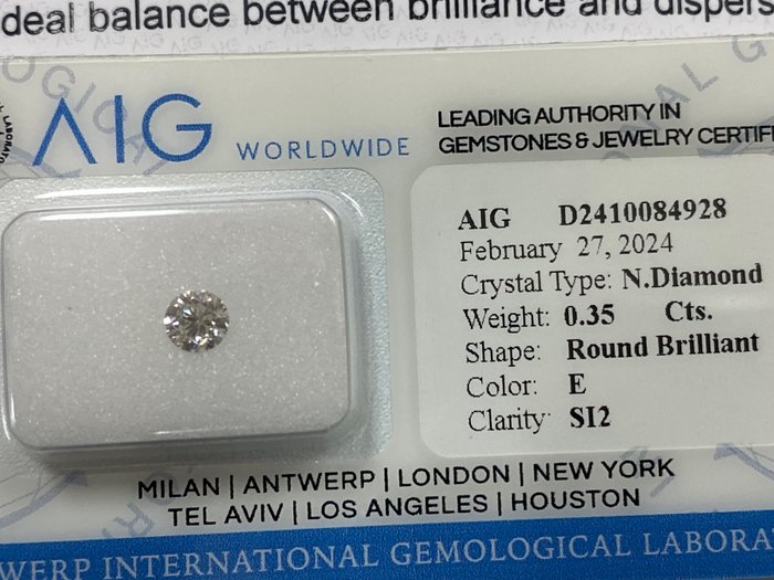 1 pcs 钻石 - 0.35 ct - 圆形 - E - SI2 微内含二级, No reserve price