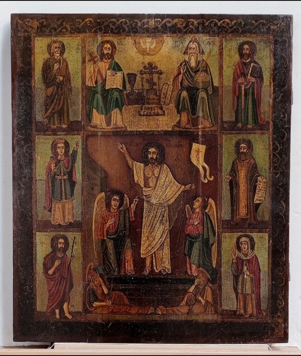 Ikone - Monumentale Ikone, die verschiedene Szenen darstellt; „Auferstehung, Neues Testament...“ (54'5cm). - Holz, Tempera, Öl, Graffiti