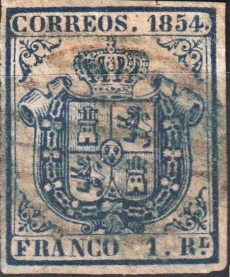 Spania 1854 - Tetning - Edifil 34 - Isabel II - 1r azul. Parrilla azul, Buen ejemplar