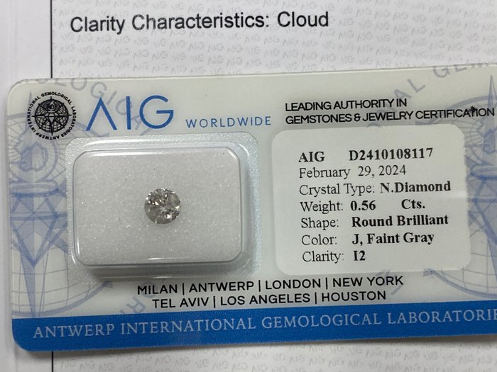 1 pcs 钻石 - 0.56 ct - 圆形 - J faint gray - I2 内含二级, No reserve price