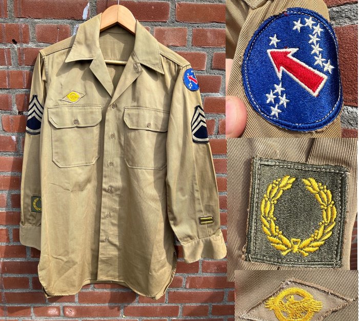 美國 - 漂亮的二戰美國陸軍夏季襯衫 - 太平洋陸軍司令部 - 軍士級 V 形徽章 - 軍裝 - 海外服務 >1 年 - 大尺寸