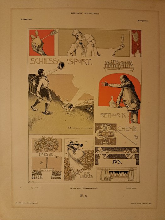 Bertold Löffler (28 September 1874 in Liberec – 23 March 1960 in Vienna) - gerlach allegorien neue folge - Sport and Sciences by Berthold Löffler, Art Nouveau lithograph 1897