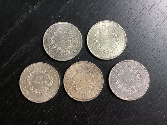 França. 50 Francs 1974/1978 Hercule (5 zilveren munten)  (Sem preço de reserva)