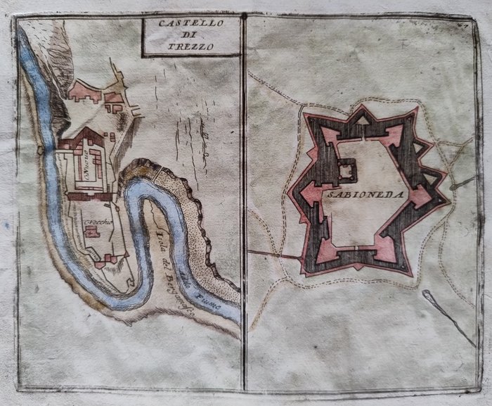 Europa, Mapa - Italia / Lombardía / Trezzo sull'Adda / Sabbioneta; V. M. Coronelli - Castello di Trezzo - 1701-1720