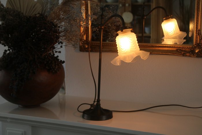 Lampe de table - Lampe de bureau/notaire/lampe de table - Bronze avec abat-jour en verre