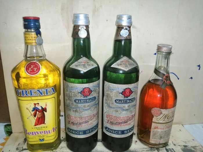 1950s Brandy & Liqueurs - Trenta liquore del Benvenuto + 2 x Martinazzi Anice Secco + Brandy Inga  - b. 1950-luku - 1.0 L, 75cl - 4 pullojen