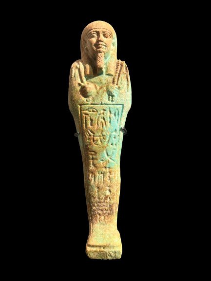 Ókori Egyiptom, késői kor Fajansz Shabti Pakhaas tábornoknak, akinek anyja Ibhemes volt - 18.3 cm