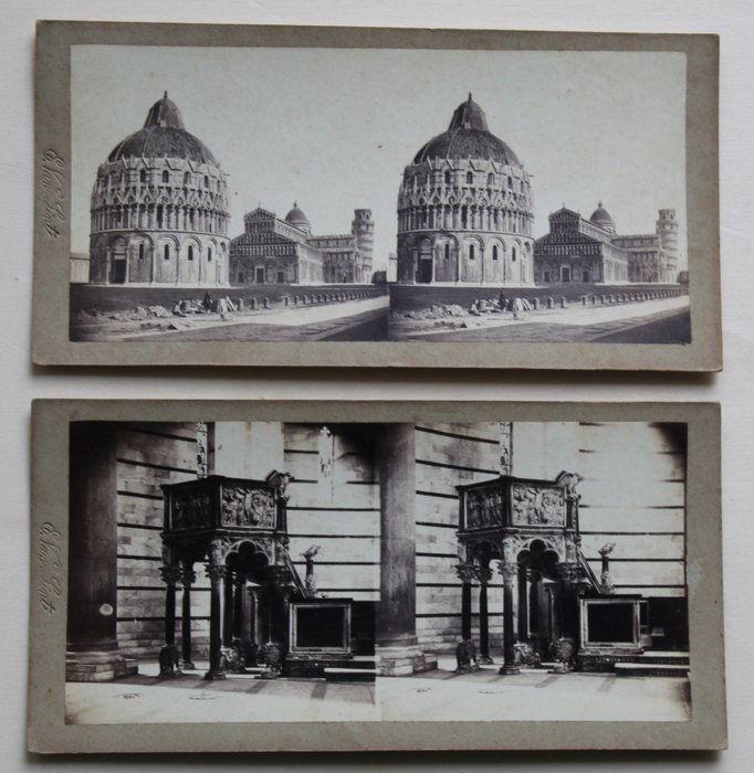 Enrico Van Lint - Pisa 2 antiche fotografie stereoscopiche albumina Duomo Battistero cabinetphoto Van Lint