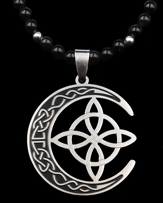 Halskette - Wicca-Symbol - Hexenknoten - Abwehr des Bösen - Obsidian, Verschluss, Silberperlen - Halskette