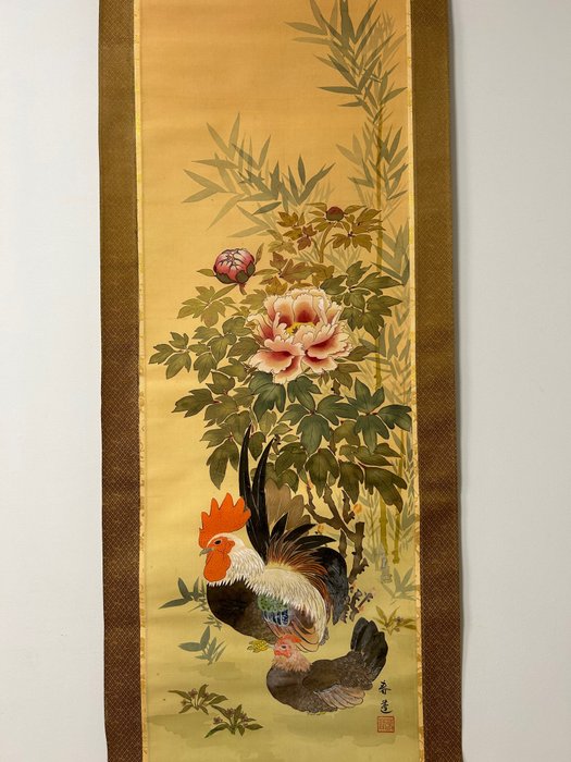 Rooster, hen and flowers - 春蓬 - 日本  (没有保留价)