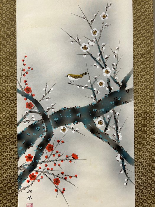 Red and white plum blossom with bird - 和信 - Giappone  (Senza Prezzo di Riserva)