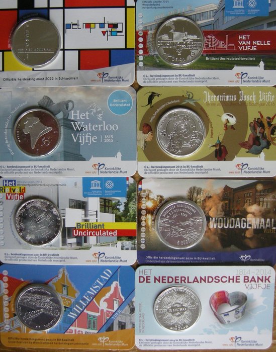 荷蘭. 5 Euro 2013/2023 (10 coincards) - allen uitgegeven door de KNM in BU kwaliteit  (沒有保留價)
